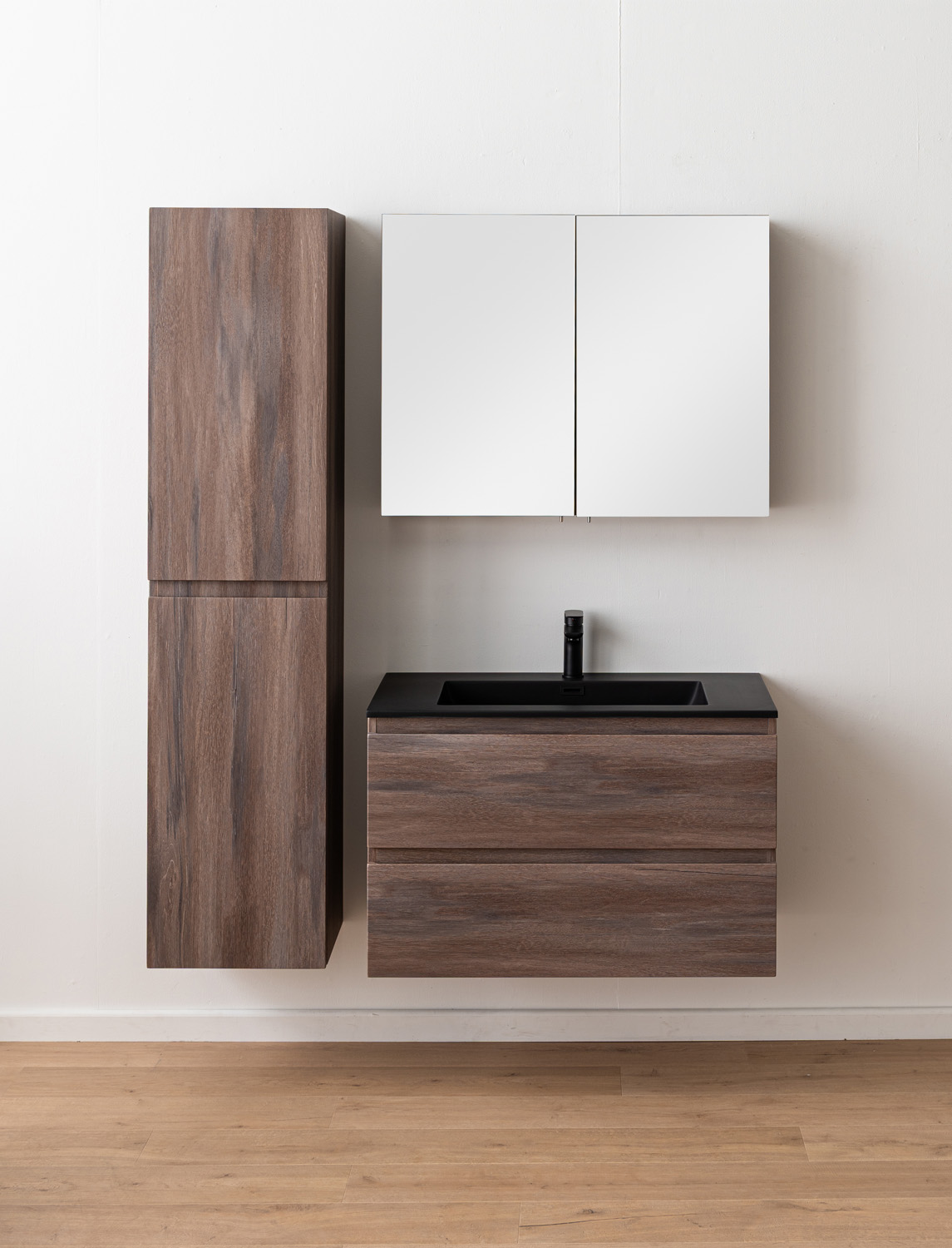 Meuble de salle de bains Tarik chêne ambré suspendu avec vasque simple noir mat 90cm