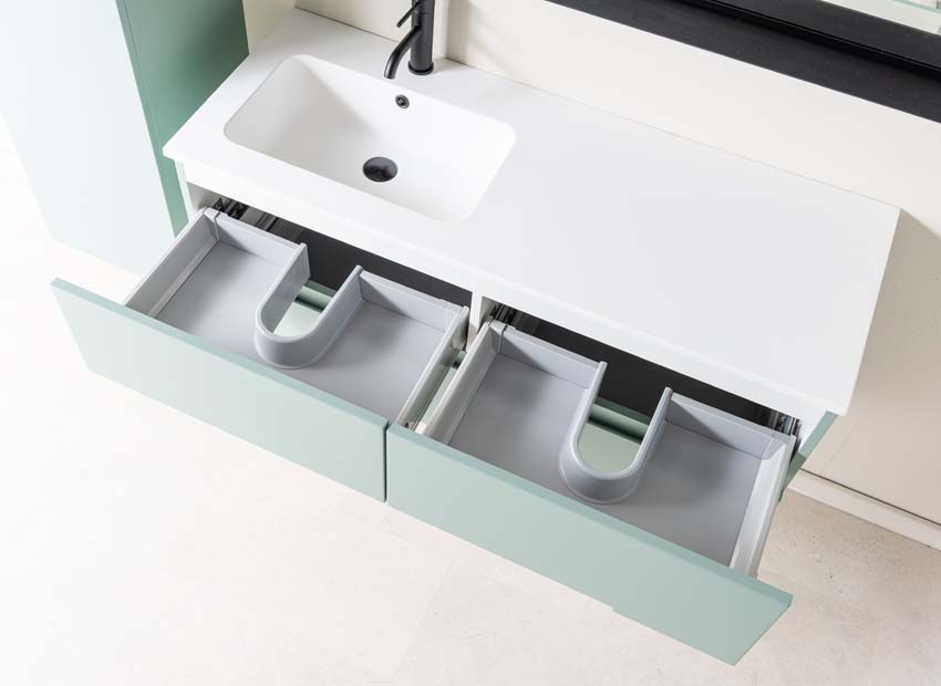 Meuble de salle de bains Truman vert gris suspendu avec lavabo simple à gauche blanc mat 120cm