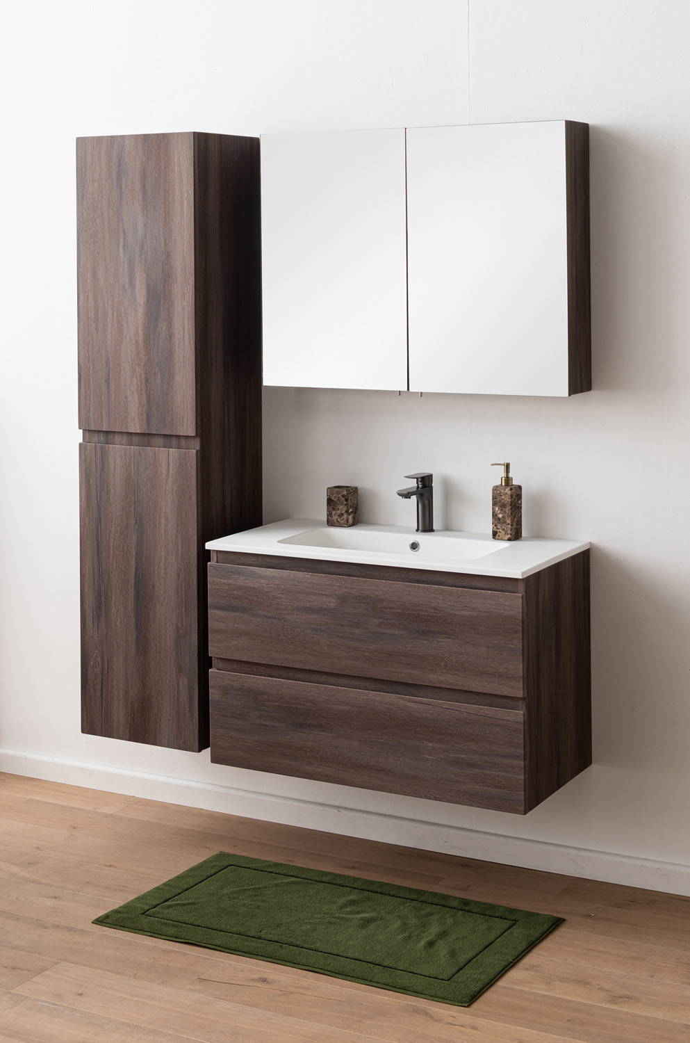 Meuble de salle de bains Tarik chêne ambré suspendu avec vasque simple blanc mat 90cm