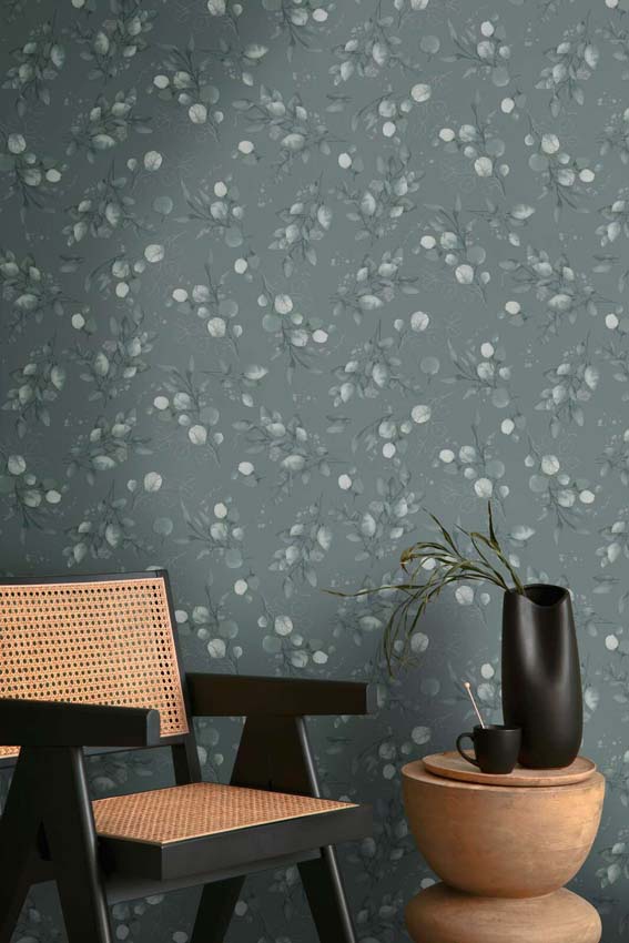 Vinyle sur papier peint intissé eucalyptus vert/argent 0,53x10,05m