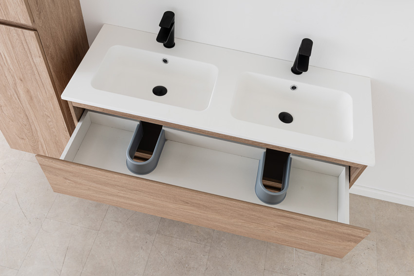 Meuble de salle de bain Bianca aspect chêne suspendu avec double lavabo blanc mat 120,5cm