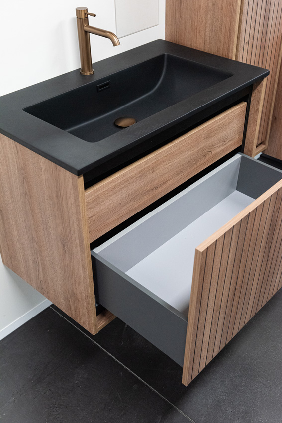 Meuble de salle de bains Toledo chêne avec lavabo simple noir mat 80cm