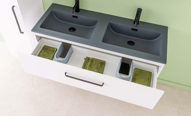 Badkamermeubel Bison mat wit hangend met dubbele wastafel cement 120cm