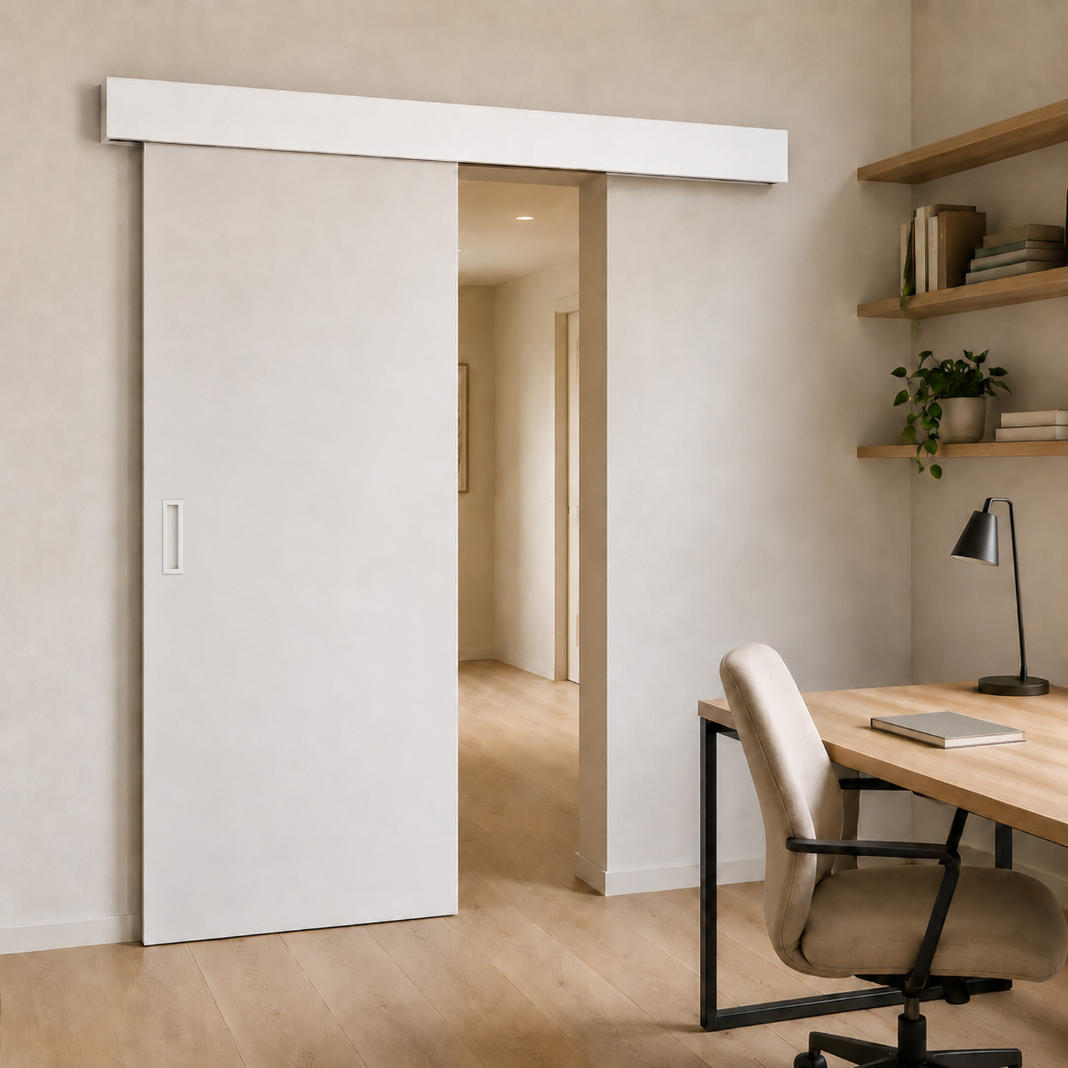 Porte coulissante simple complète Palladium blanche 93x211,5cm âme tubulaire + rail et cache-rail blanc