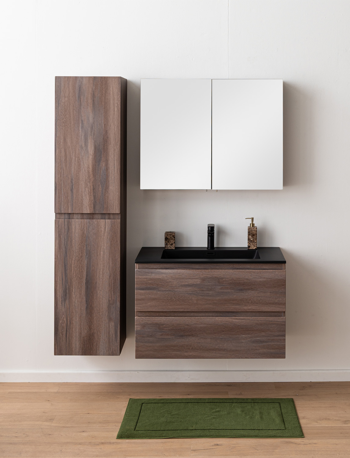 Meuble de salle de bains Tarik chêne ambré suspendu avec vasque simple noir mat 90cm