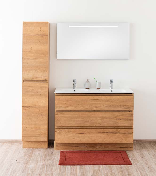 Badkamermeubel Daria eik goudbruin staand met dubbele porseleinen wastafel glanzend wit 120cm