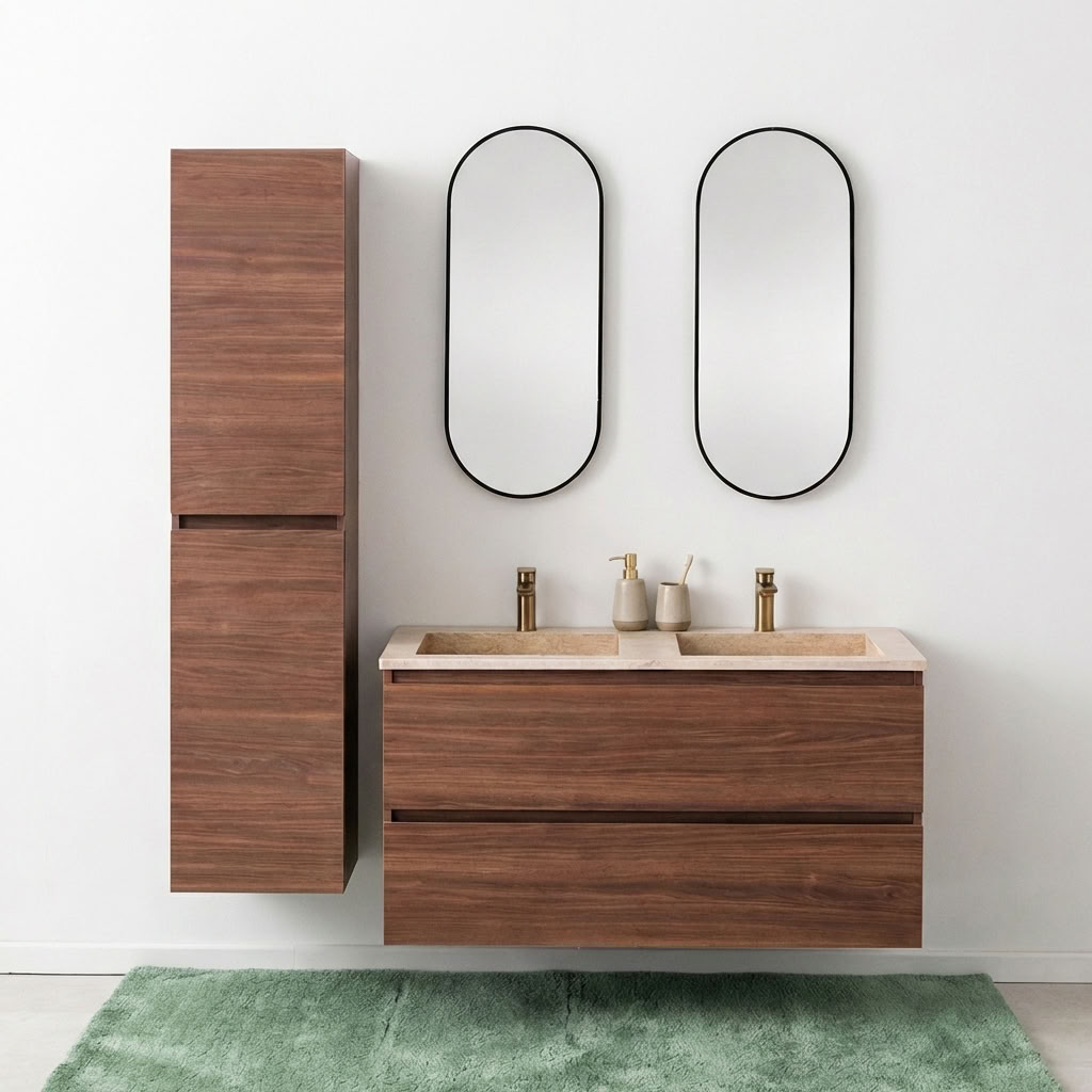 Meuble de salle de bain Dotan noyer avec lavabo double en aspect travertin 120cm