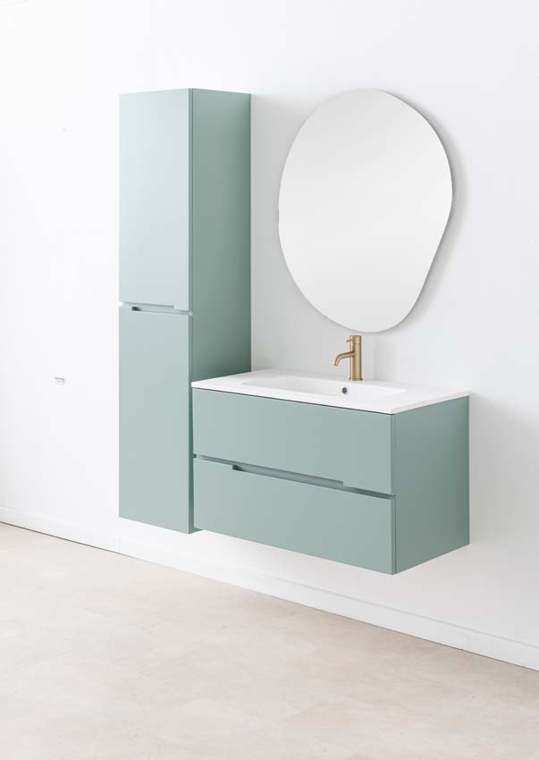 Meuble de salle de bains Truman vert gris suspendu avec lavabo simple blanc mat 90cm