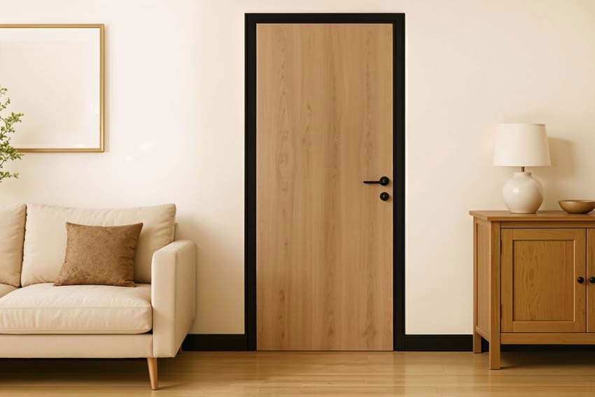 Porte intérieure complète Invisible Flat Borea chêne 201,5x73cm âme tubulaire droite + châssis noir 30cm