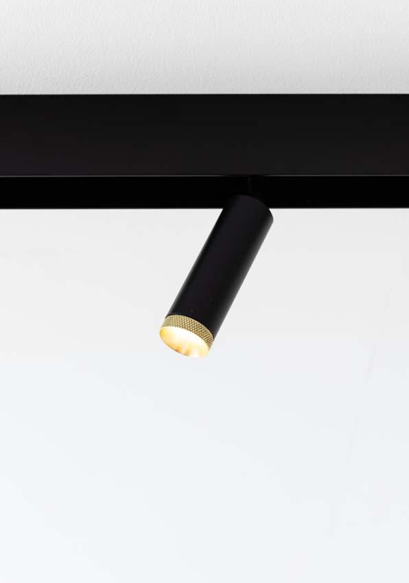 Railverlichting Béa zwart - 1,8m/2x1,2m - 3 pendels / 2 spots / 2 ringen goud / 1 module - 6x4W