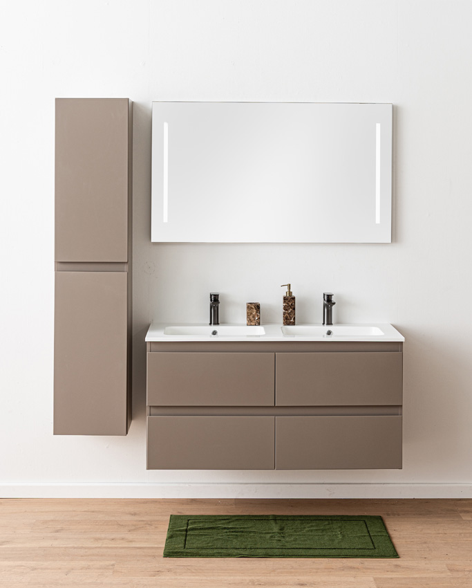 Badkamermeubel Trente taupe met dubbele wastafel glanzend wit 120cm