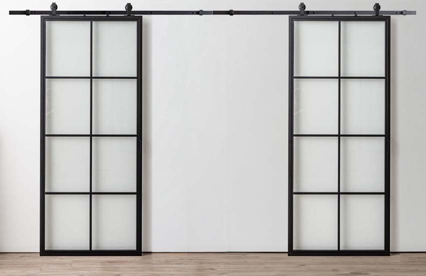 Porte coulissante double en acier complète Tyra 2x8R sur mesure + rail noir