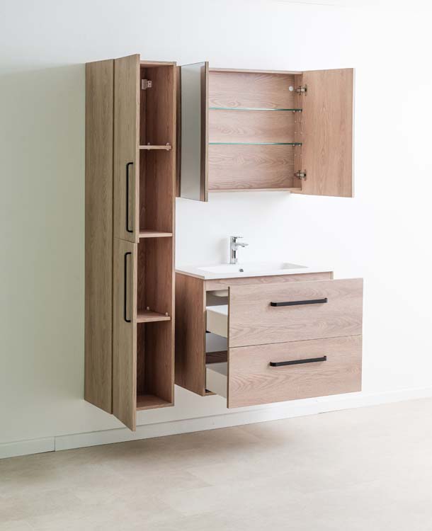 Badkamermeubel Bison eik hangend met enkele wastafel mat wit 80cm