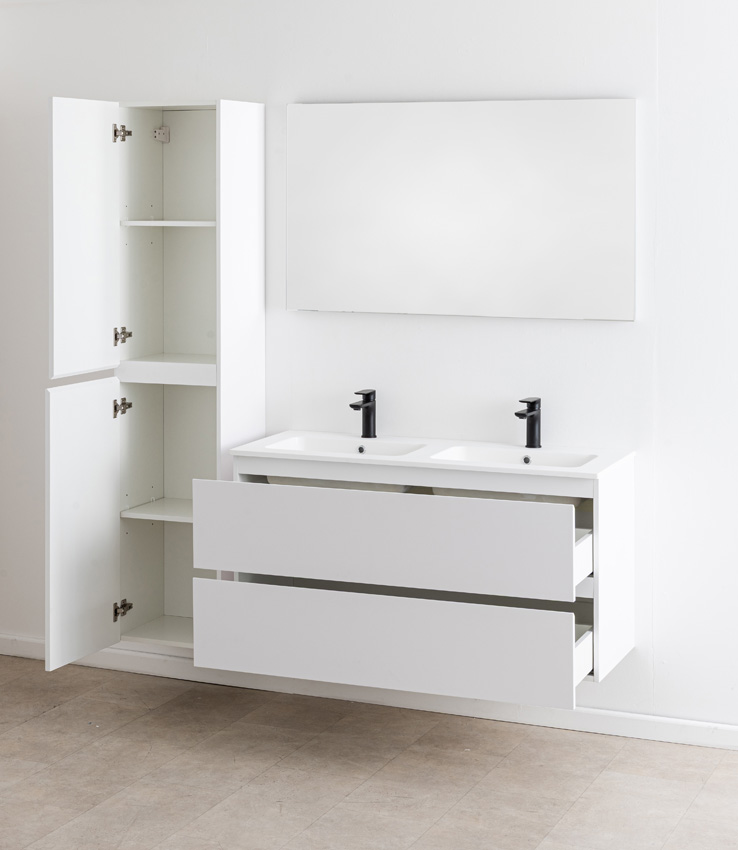 Meuble de salle de bain Bianca blanc mat suspendu avec double lavabo blanc mat 120,5cm