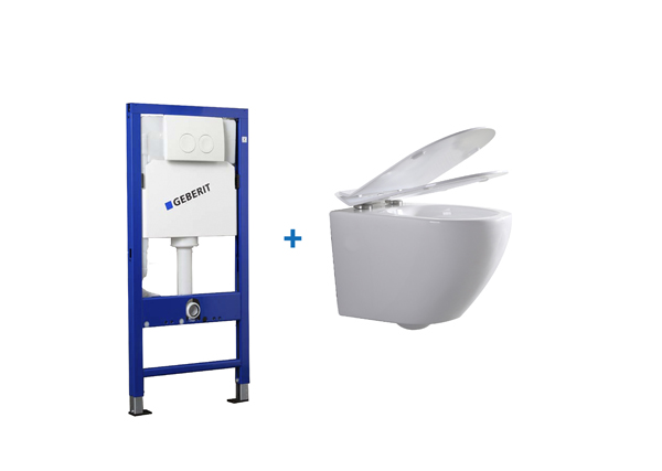 Toilette suspendue Gary sans rebord blanche raccourcie avec siège de WC ultra-fin + réservoir encastré UP100