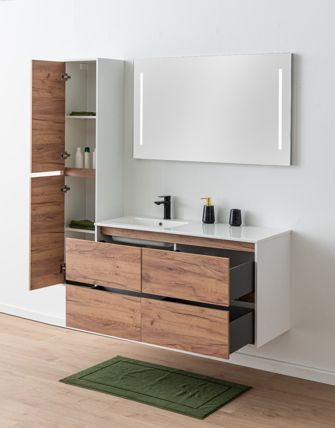 Meuble de salle de bains Treviso chêne/blanc avec lavabo simple blanc brillant 120cm