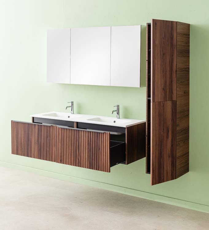 Meuble de salle de bains Soetkin noyer suspendu avec lavabo double blanc mat 140cm