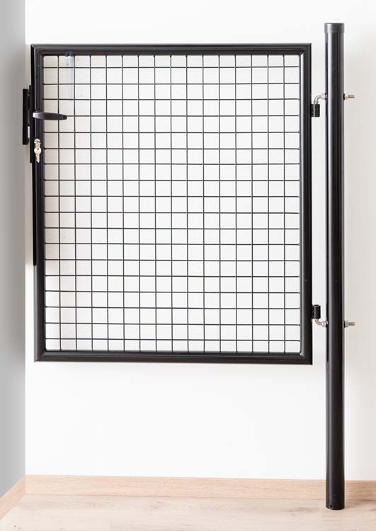 Portillon de jardin simple complet noir 125x100cm - poteaux ronds, poteaux, serrure et poignée inclus