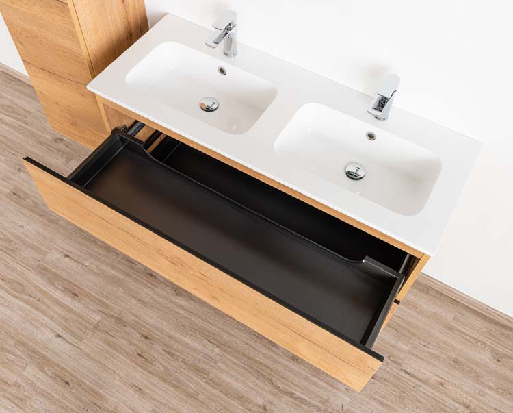 Badkamermeubel Daria eik goudbruin hangend met dubbele wastafel glanzend wit 120cm