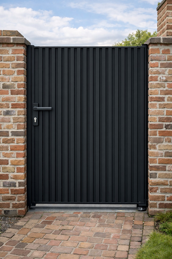 Portillon battant Line Up aluminium noir 100x175cm - fermé avec lames verticales, ouverture à droite, quincaillerie incluse