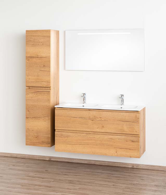 Badkamermeubel Daria eik goudbruin hangend met dubbele wastafel glanzend wit 120cm