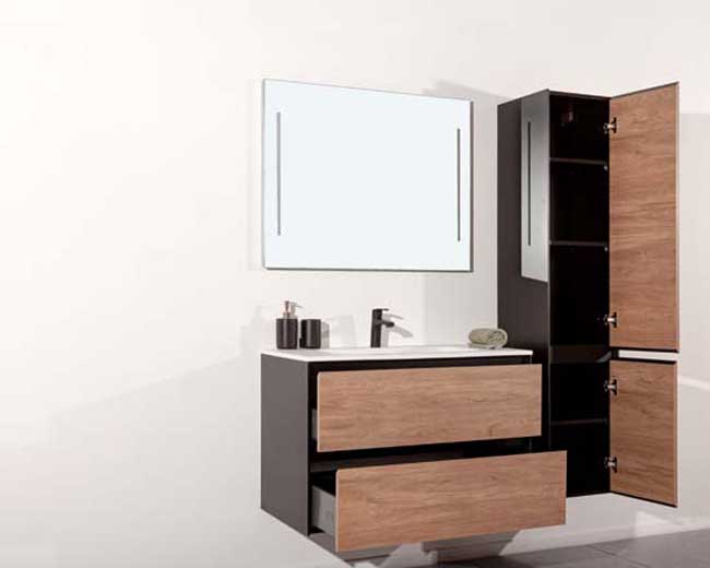 Badkamermeubel Molly houtlook hangend met enkele wastafel glanzend wit 90cm