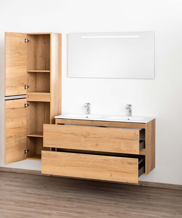 Meuble de salle de bains Daria chêne brun doré suspendu avec lavabo double blanc mat 120cm