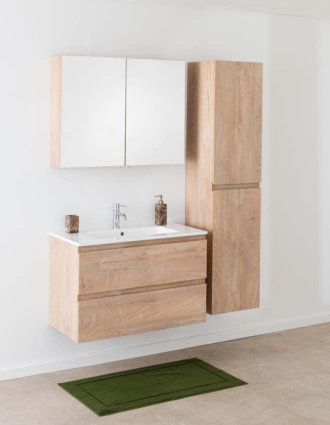 Meuble de salle de bain Tibo en chêne méditerranéen avec lavabo simple blanc brillant 90cm