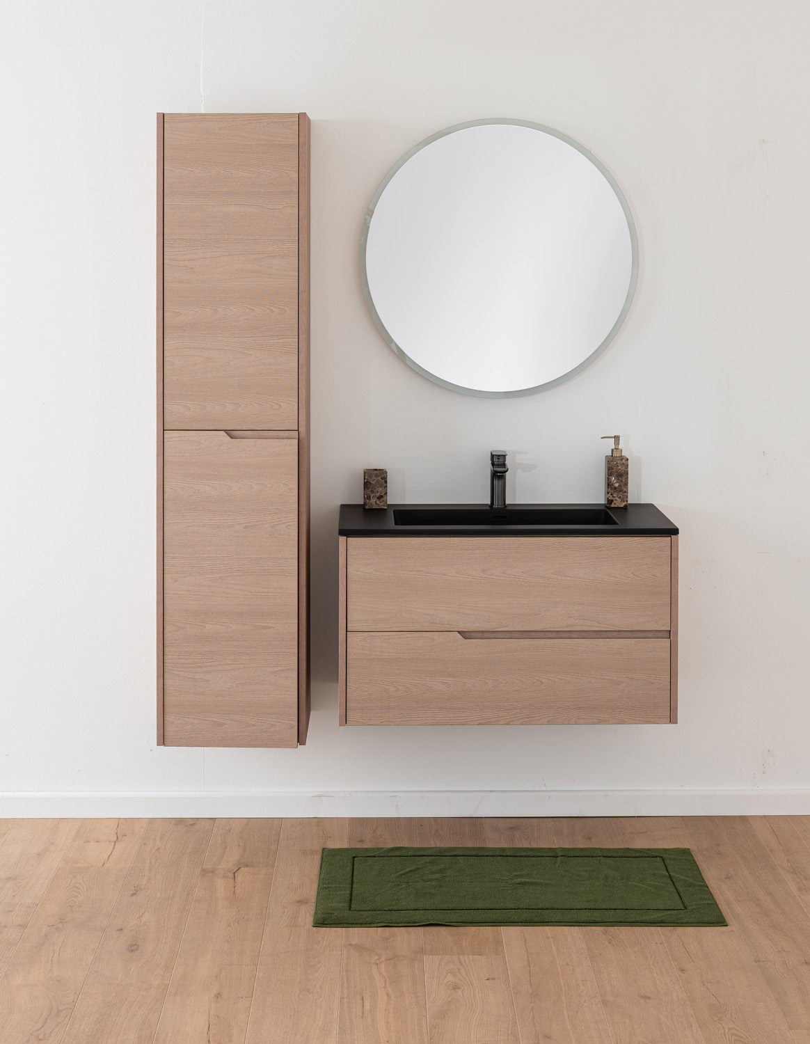 Badkamermeubel Tiago Nordic eik hangend met enkele wastafel mat zwart 90cm