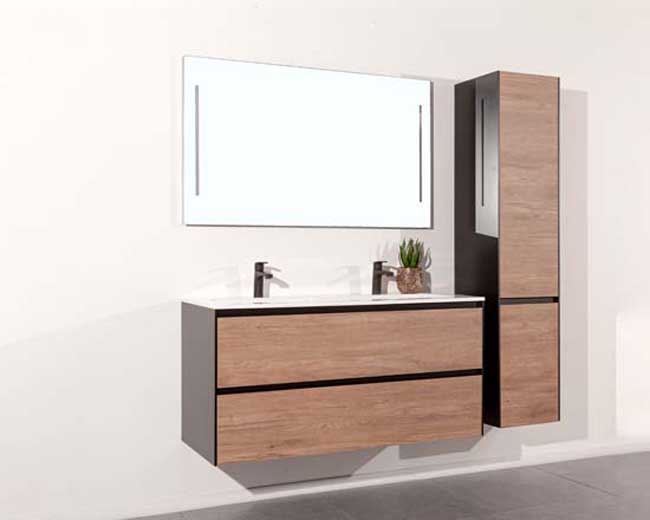 Meuble de salle de bains Molly aspect bois suspendu avec lavabo double blanc mat 120cm