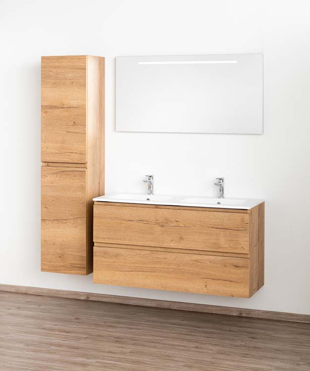 Meuble de salle de bains Daria chêne brun doré suspendu avec lavabo double blanc mat 120cm