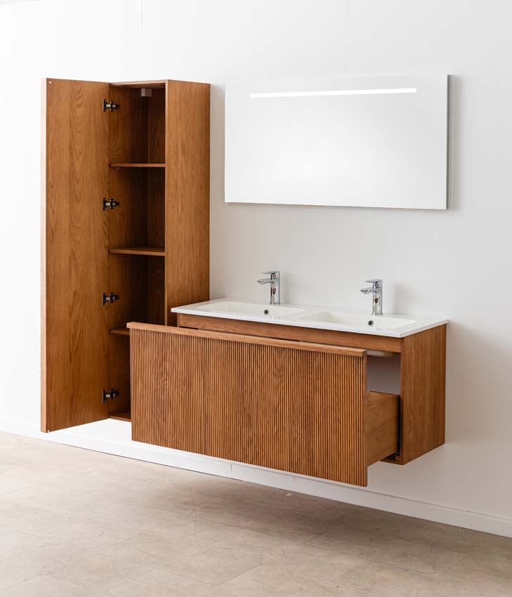 Meuble de salle de bain Fae chêne suspendu avec double lavabo blanc brillant 120cm