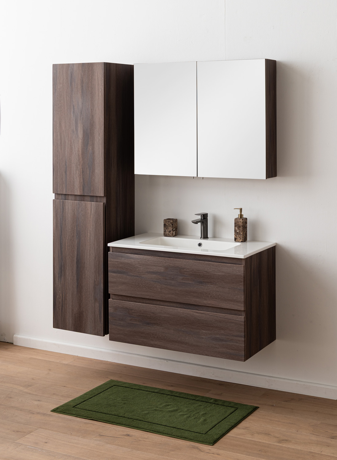 Meuble de salle de bains Tarik chêne ambré suspendu avec vasque simple blanc brillant 90cm