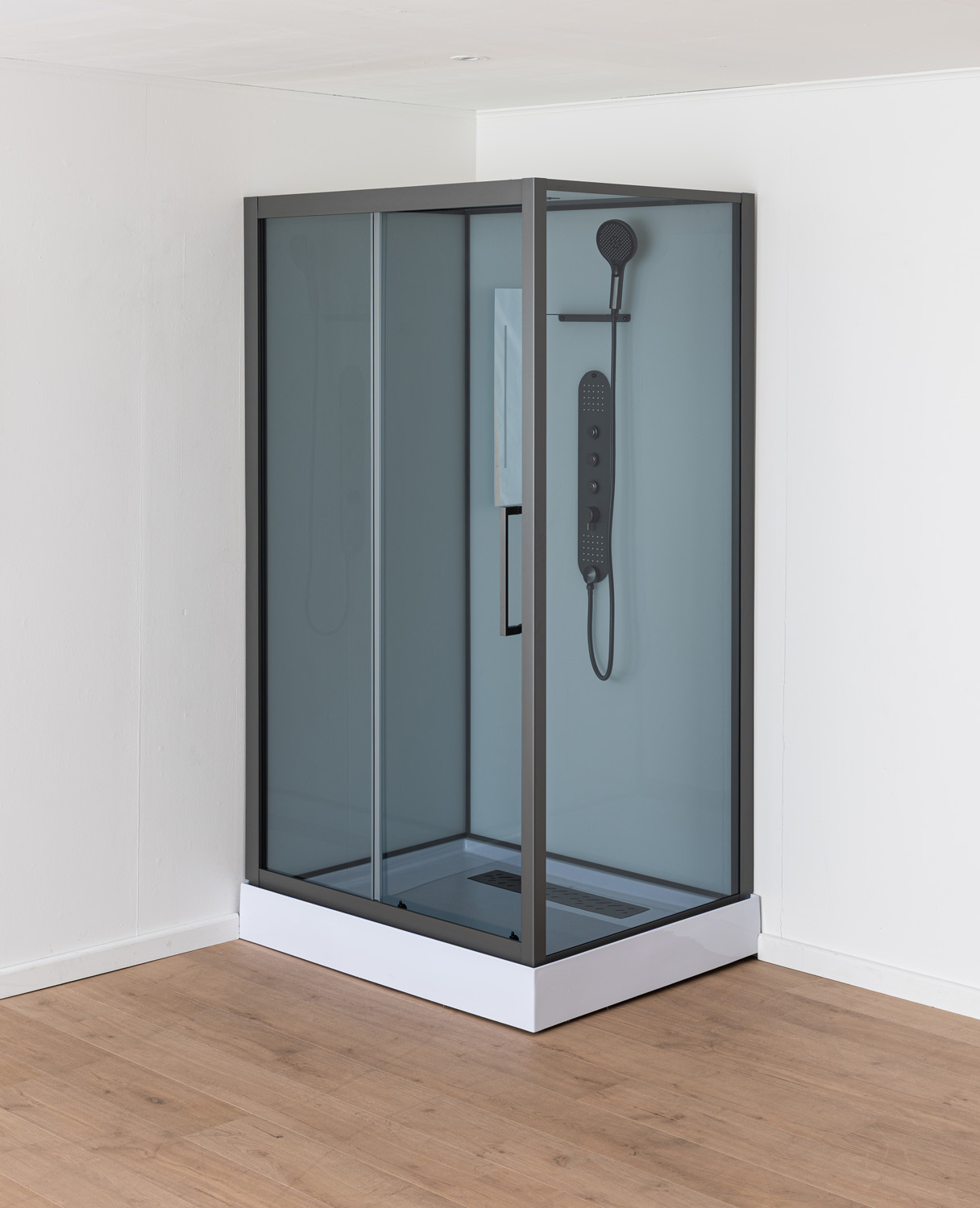 Cabine de douche Amani gauche/droite gunmetal verre gris porte coulissante 90x115x215cm