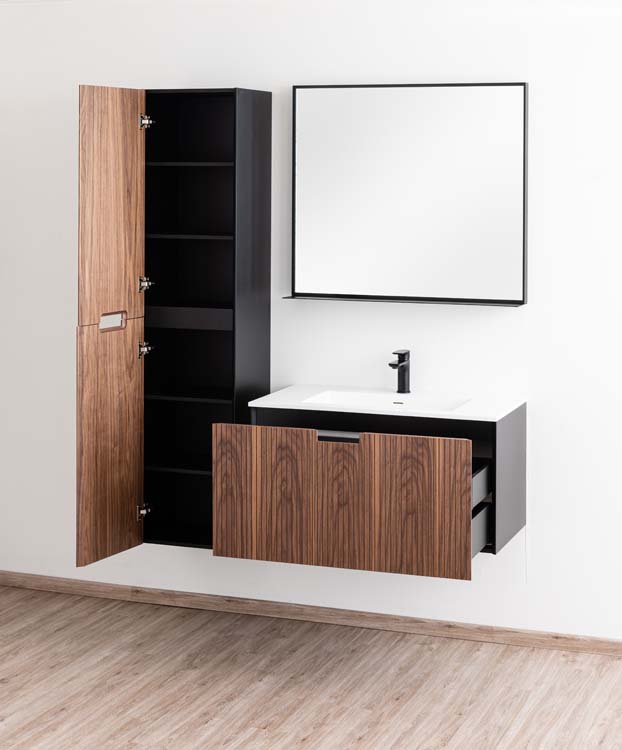 Meuble de salle de bains Willow noyer suspendu avec lavabo simple blanc mat 90cm Meuble de salle de bains Willow noyer suspendu avec lavabo simple blanc mat 90cm