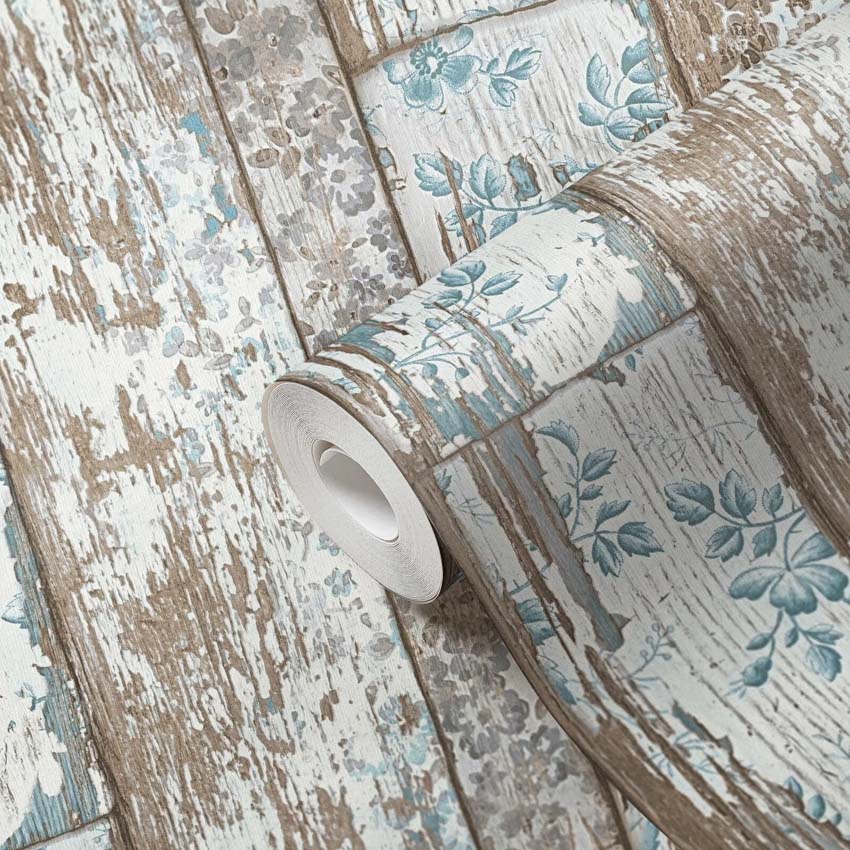 Vinyle sur papier peint intissé planches + fleurs bleu 0,53x10m