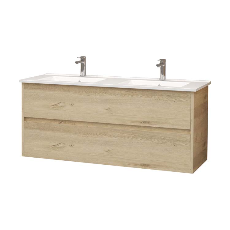 Meuble de salle de bain Vito chêne avec double lavabo blanc brillant 120 cm + miroir