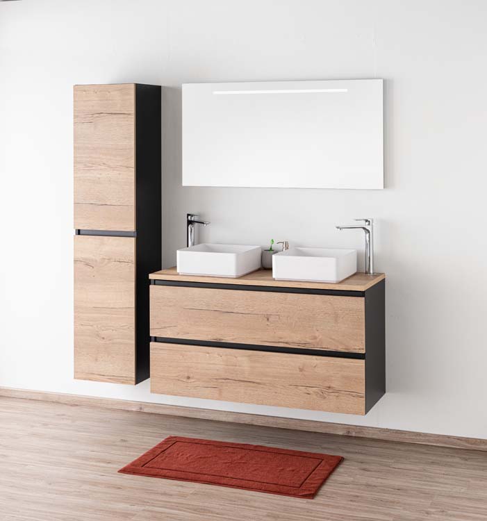 Meuble de salle de bain Dotan chêne/noir 1200 mm tablette en saillie melamine Meuble de salle de bain Dotan chêne/noir 1200 mm tablette en saillie melamine