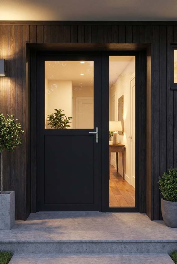 Porte extérieure semi-vitrée PVC verre clair anthracite/blanc ouvrant à droite sur mesure