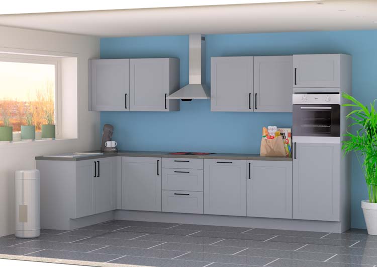 Cuisine d'angle Premium 16B gris foncé 365x165cm - pré-montée - avec appareils - plaque de cuisson vitrocéramique et hotte murale en inox