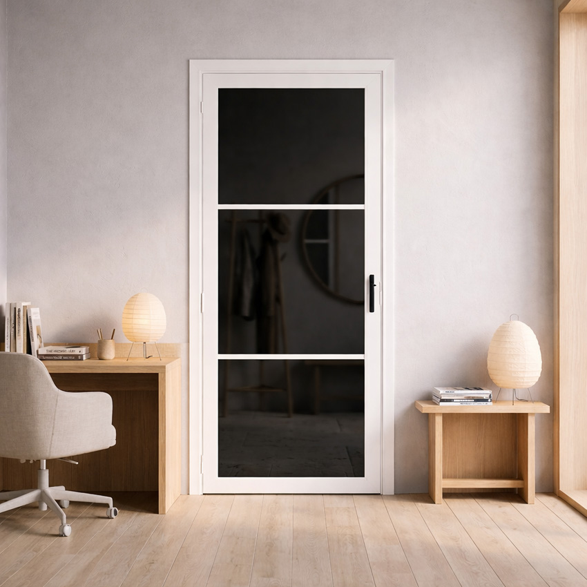 Bloc-porte steel look bois blanc 3R L201,5xl83cm verre gris fumé réversible