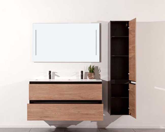 Meuble de salle de bains Molly aspect bois suspendu avec lavabo double blanc mat 120cm