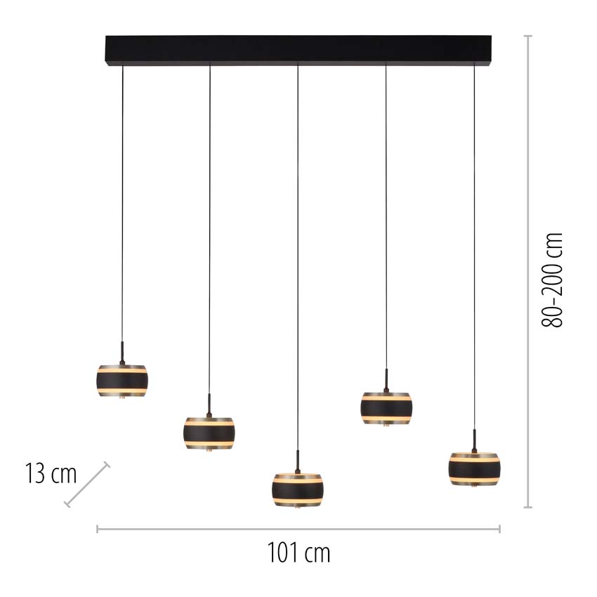 Suspension Easy Lift - Noir - 101cm - Dimmable - 5x8W - 2200-5000K - avec télécommande