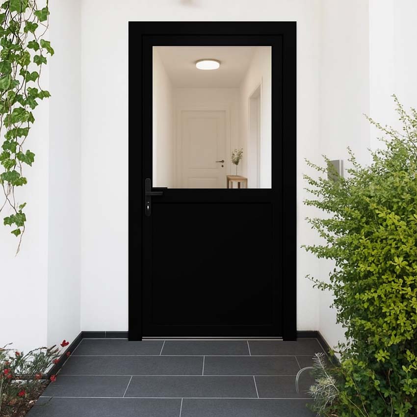 Porte extérieure semi-vitrée PVC verre clair noir/blanc 980x2180mm ouvrant à gauche