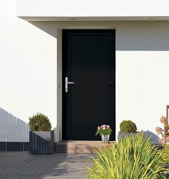 Porte extérieure panneau lisse PVC noir 980x2180mm ouvrant à droite ouvrant vers lextérieur