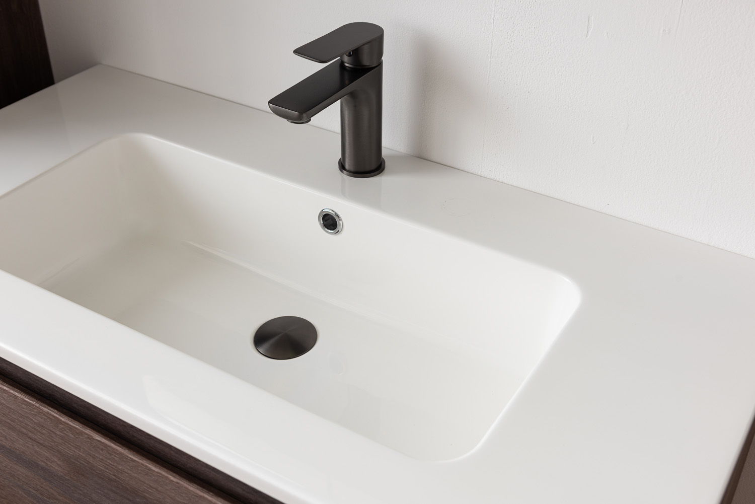 Meuble de salle de bains Tarik chêne ambré suspendu avec vasque simple blanc brillant 90cm