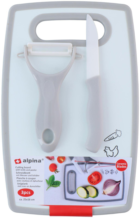 Planche à découper avec éplucheur et couteau plastique gris clair 25x16cm
