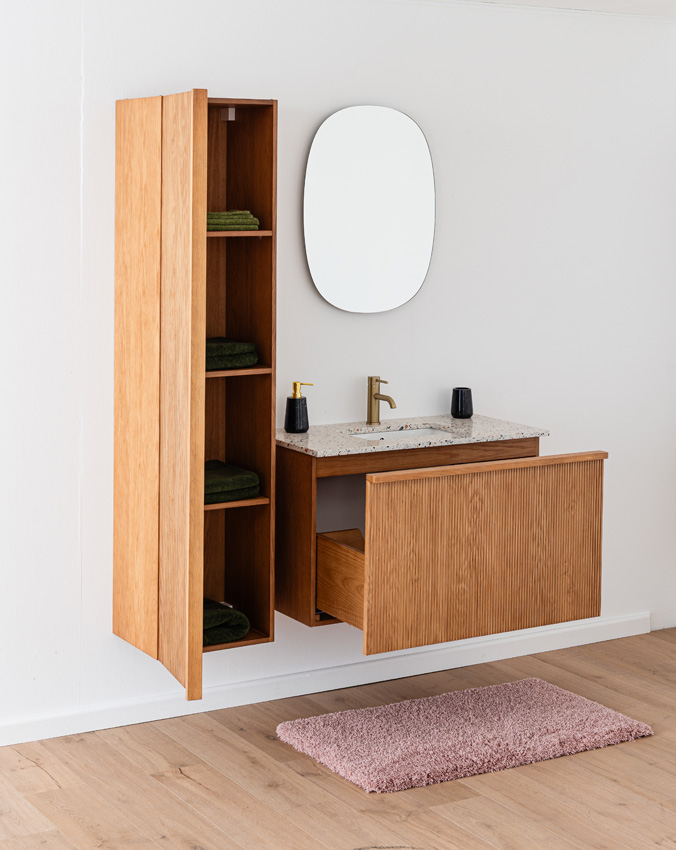 Badkamermeubel Fae eik hangend met enkele wastafel terrazzo 90cm