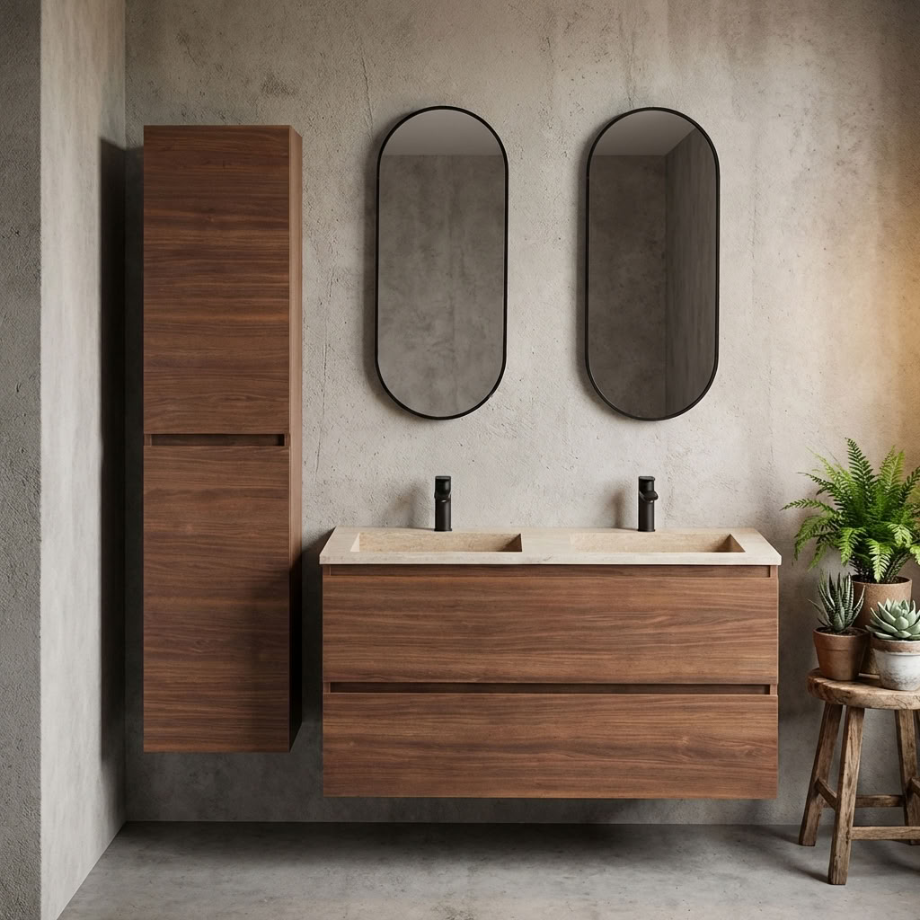 Meuble de salle de bain Dotan noyer avec lavabo double en aspect travertin 120cm