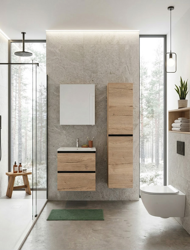 Meuble de salle de bains Dotan chêne suspendu avec lavabo simple blanc brillant 60cm
